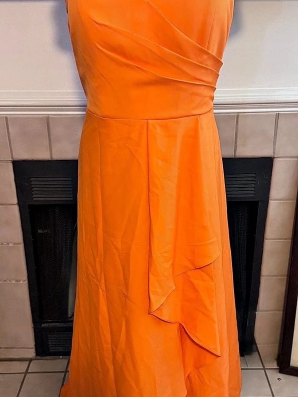 Orange Evening/Formal Dress with Soft Shoulder Sleeves and Right Leg Slit
